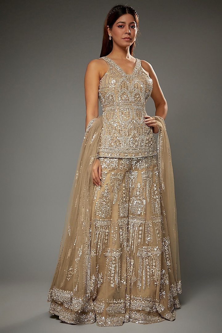 Champagne Net Sequins Embroidered Sharara Set by Seema Gujral