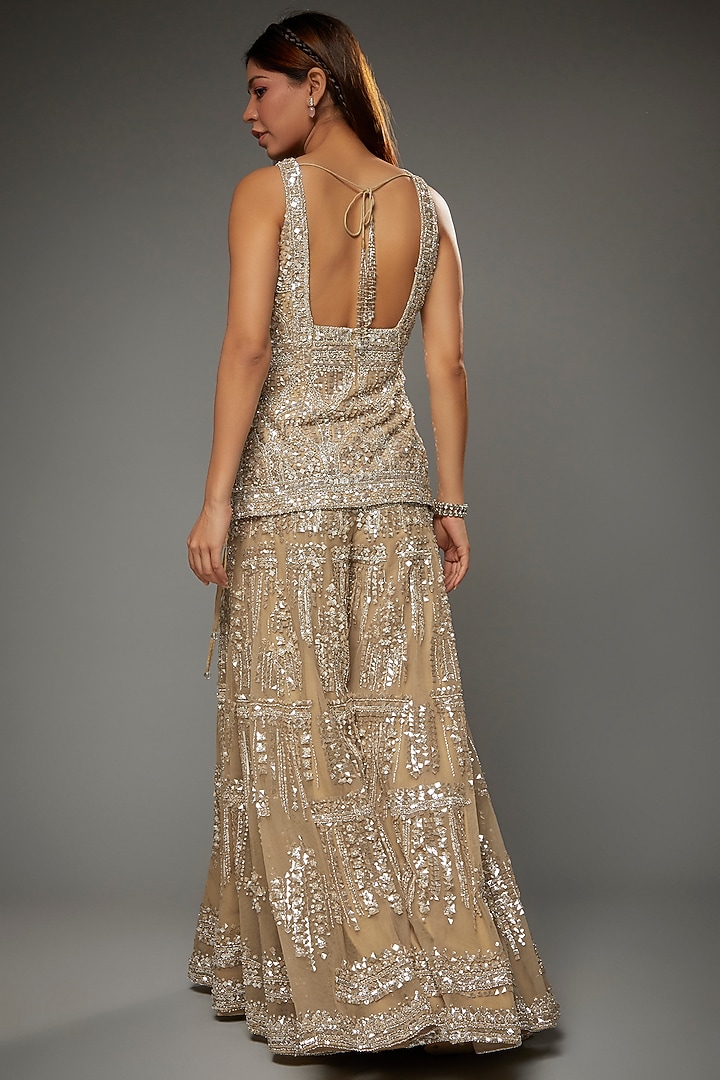 Champagne Net Sequins Embroidered Bridal Sharara Set by Seema Gujral at Pernia's Pop Up Shop