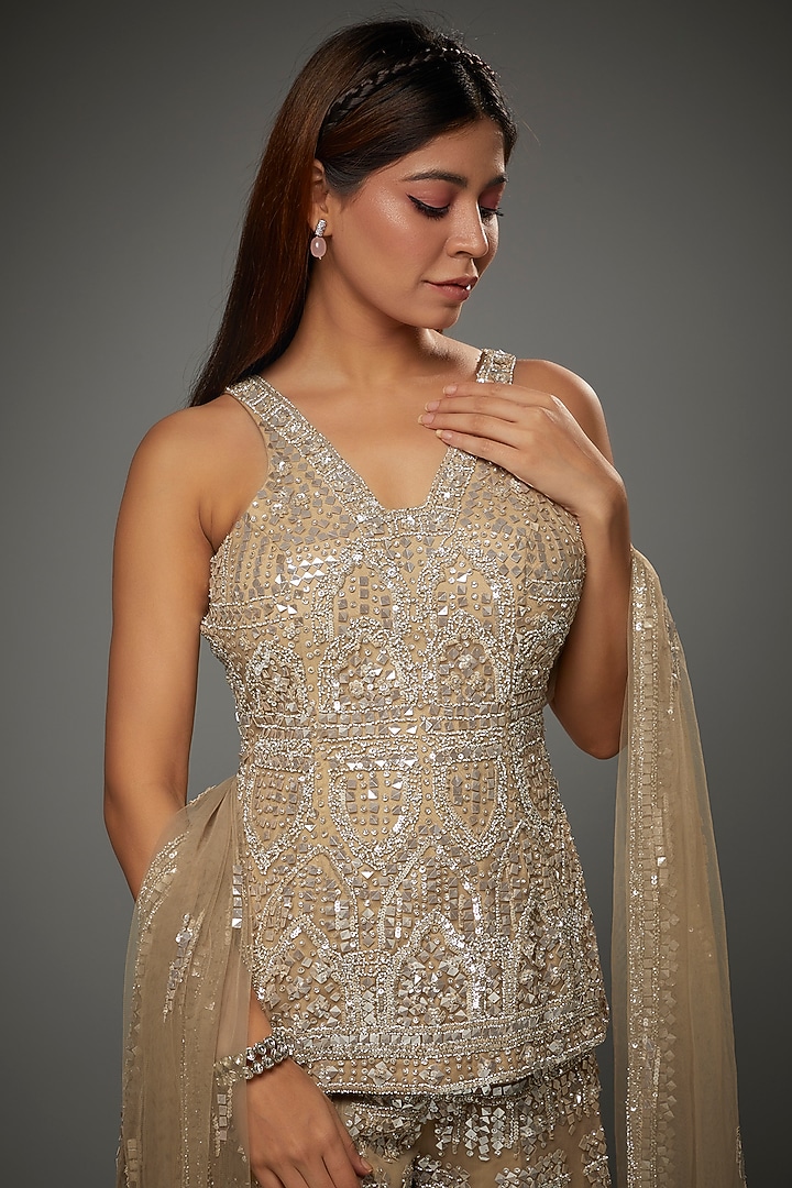 Champagne Net Sequins Embroidered Bridal Sharara Set by Seema Gujral at Pernia's Pop Up Shop