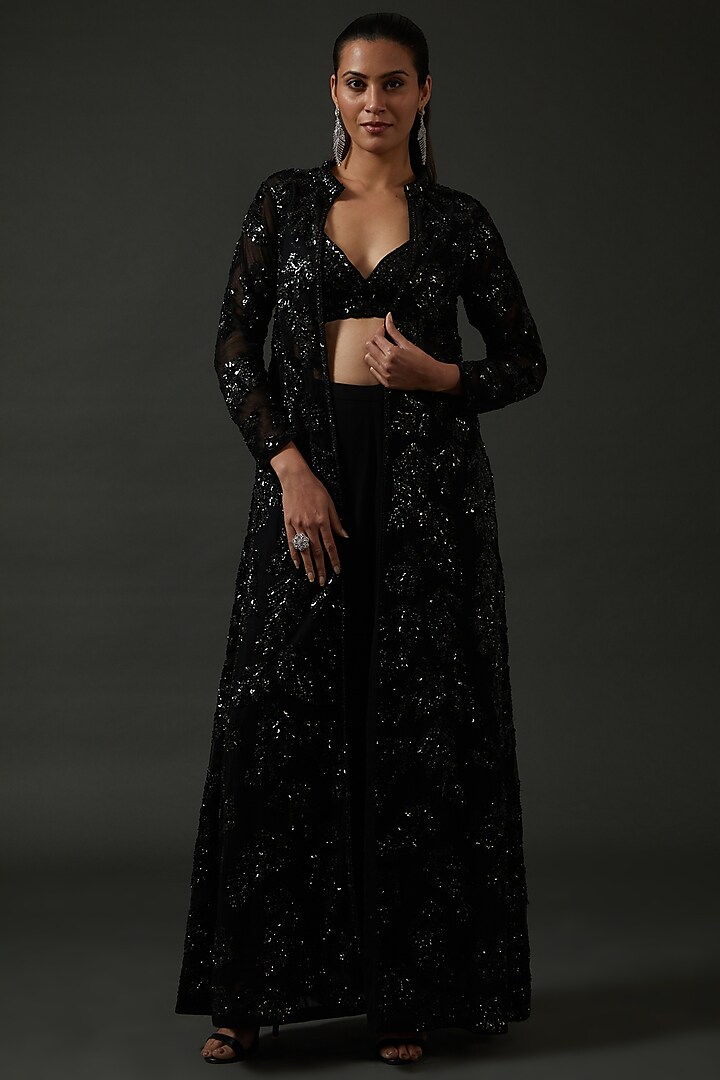 Black Raw Silk Embellished Jacket Set by Seema Gujral