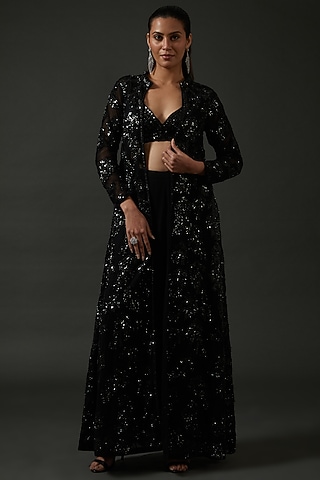 Black Raw Silk Sequins Embellished Jacket Set by Seema Gujral