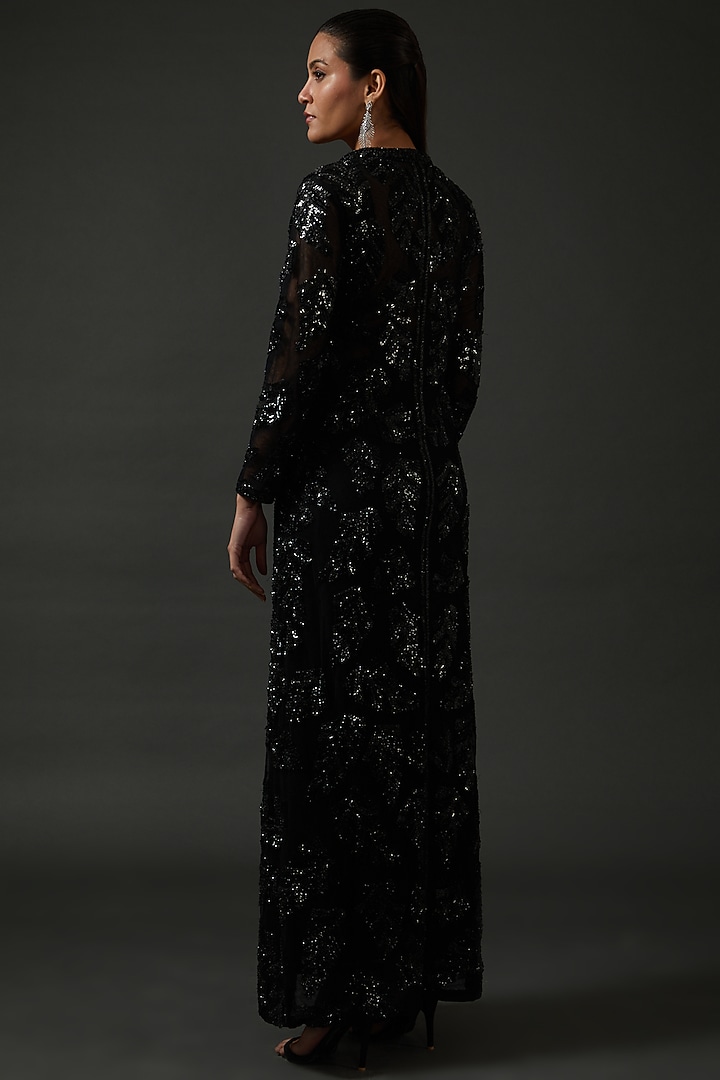 Black Raw Silk Sequins Embellished Jacket Set by Seema Gujral at Pernia's Pop Up Shop