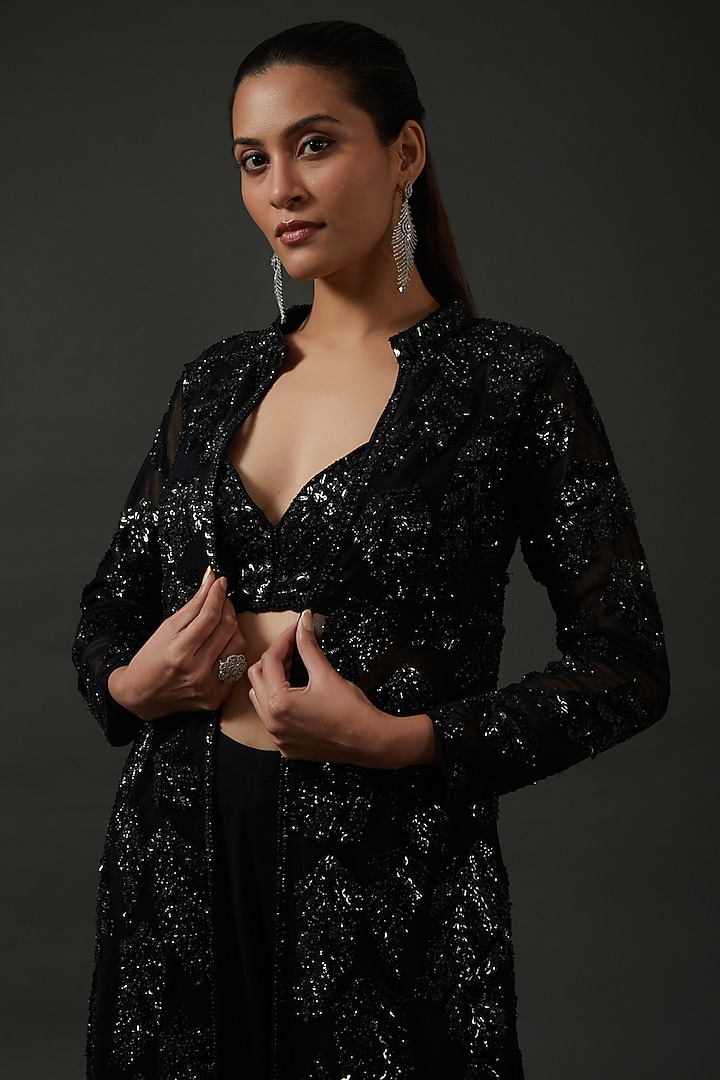 Black Raw Silk Sequins Embellished Jacket Set by Seema Gujral at Pernia's Pop Up Shop