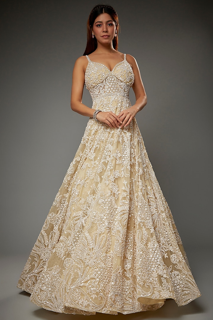 Beige Net Sequins Embroidered Gown by Seema Gujral at Pernia's Pop Up Shop