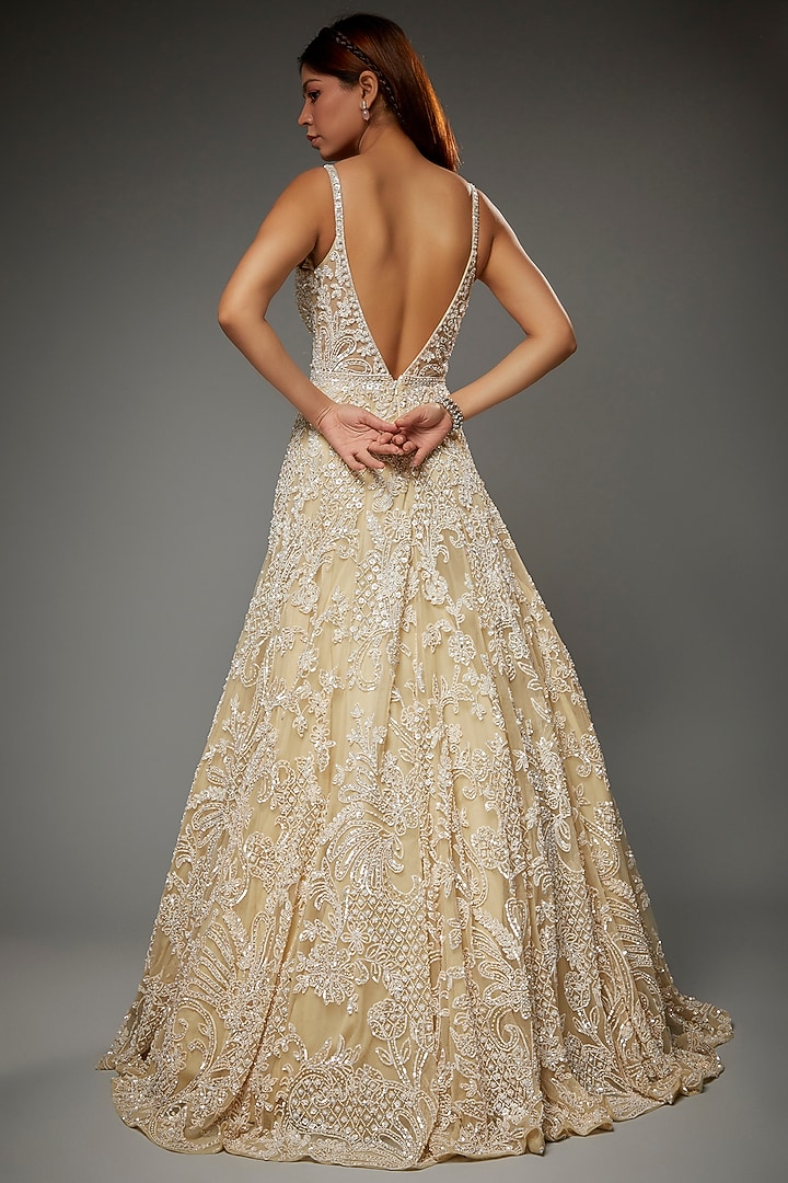 Beige Net Sequins Embroidered Wedding Gown by Seema Gujral at Pernia's Pop Up Shop