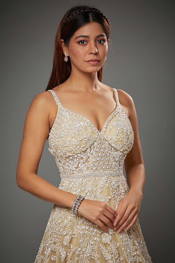 Beige Net Sequins Embroidered Wedding Gown by Seema Gujral at Pernia's Pop Up Shop