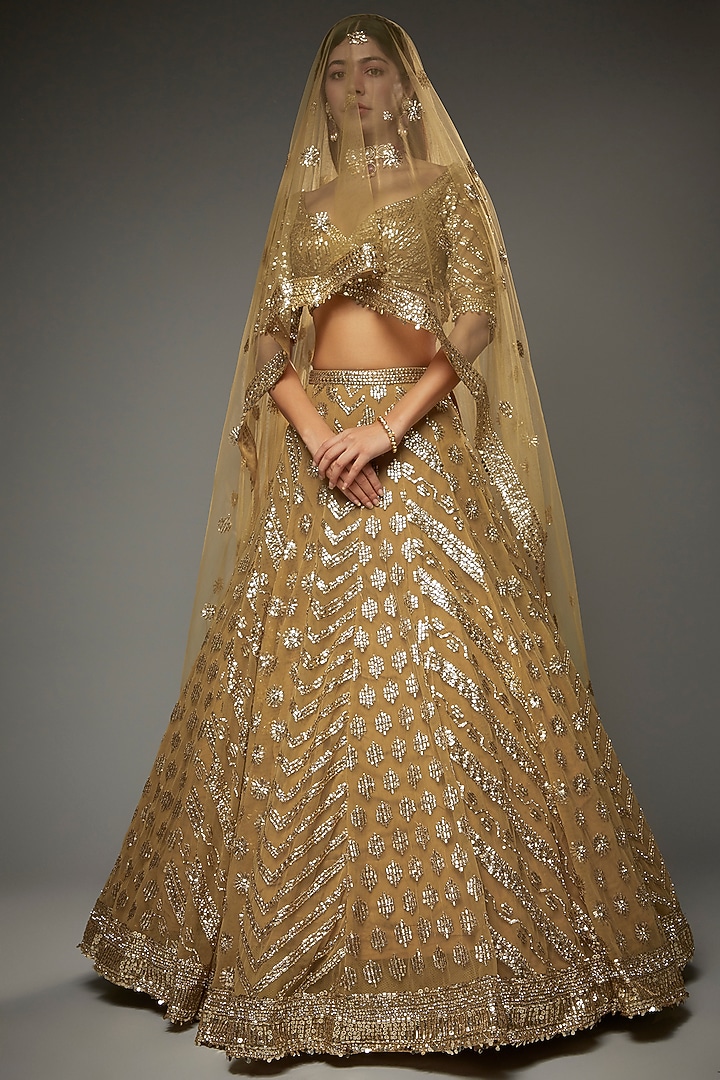 Copper Net Sequins Embroidered Bridal Lehenga Set by Seema Gujral at