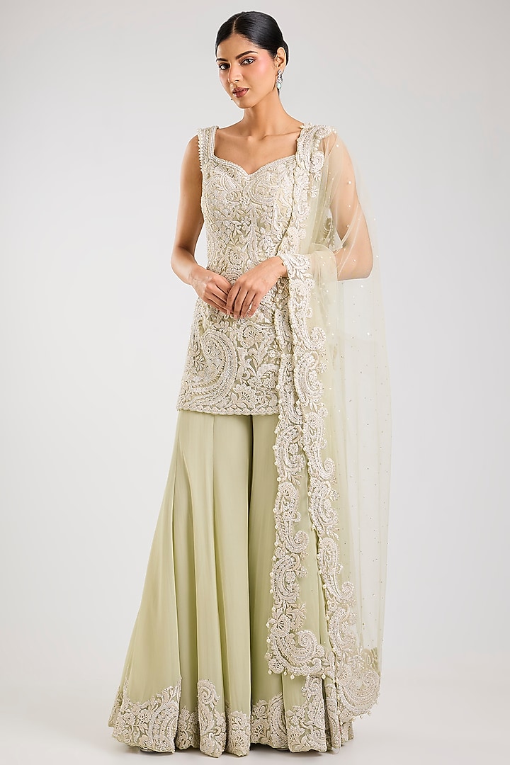 Mint Green Georgette Bridal Sharara Set by Seema Gujral at Pernia's Pop Up Shop