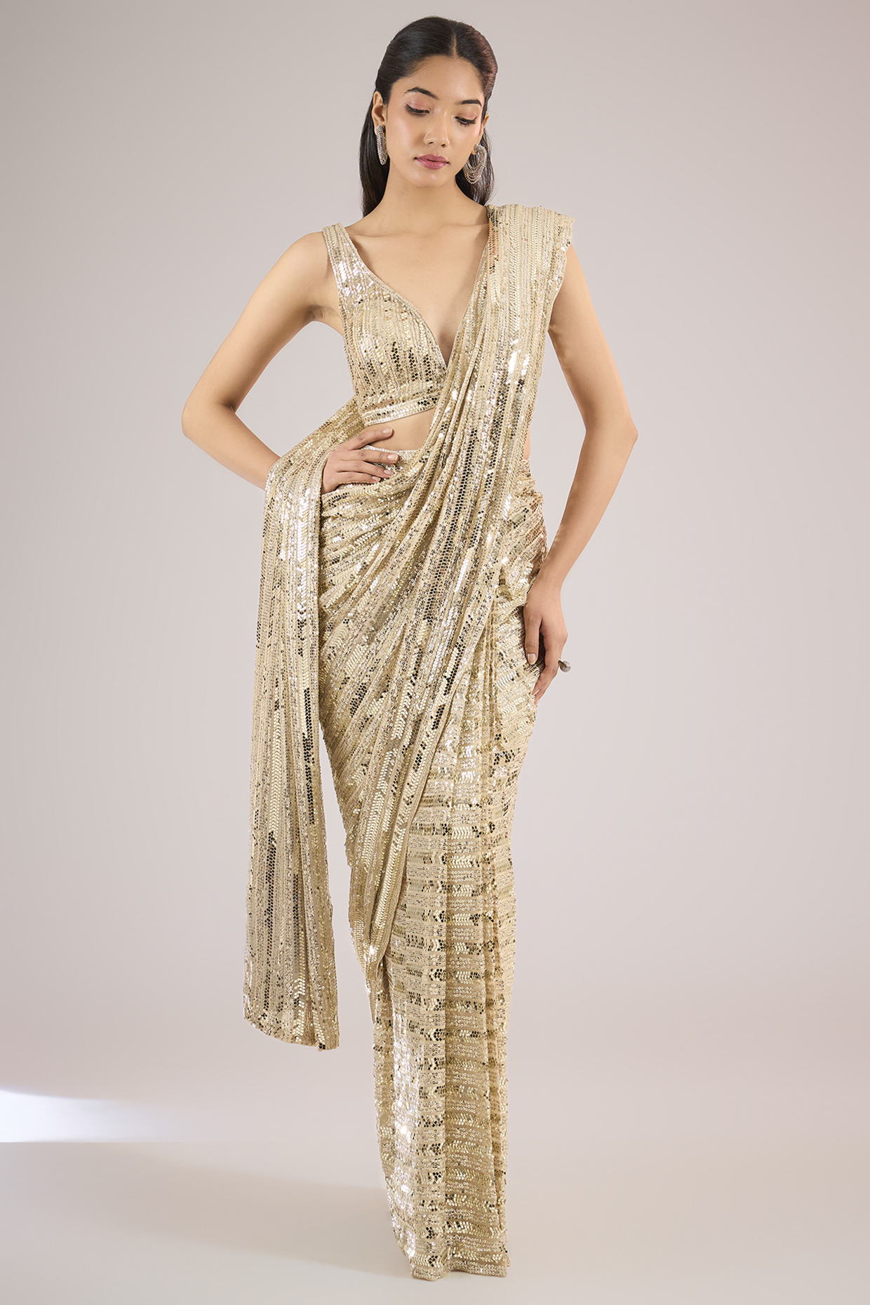 Gold Ombre Georgette Sequins Embroidered Pre-Draped Saree Set by Seema Gujral at Pernia's Pop Up Shop