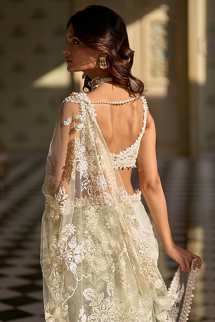 Mint Green Net Thread & Sequins Work Bridal Saree Set by Seema Gujral at Pernia's Pop Up Shop