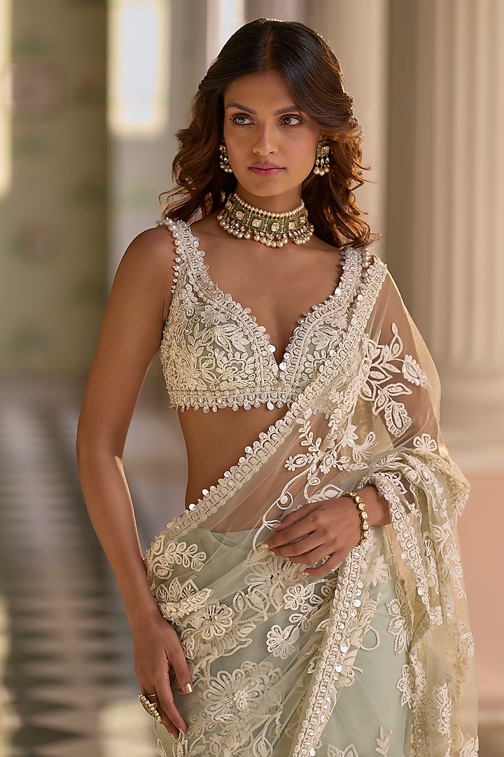 Mint Green Net Thread & Sequins Work Bridal Saree Set by Seema Gujral at Pernia's Pop Up Shop