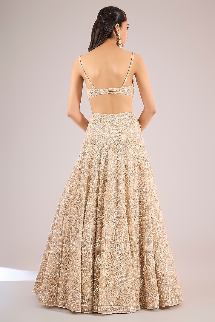 Light Gold Net Sequins Embroidered Bridal Lehenga Set by Seema Gujral at Pernia's Pop Up Shop