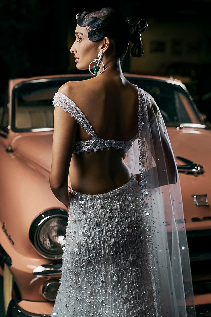 Ivory Net Pearl & Sequins Embroidered Bridal Lehenga Set by Seema Gujral at Pernia's Pop Up Shop