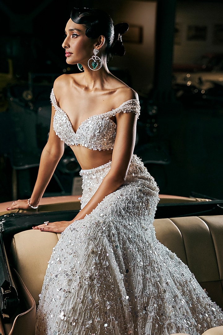 Ivory Net Pearl & Sequins Embroidered Bridal Lehenga Set by Seema Gujral at Pernia's Pop Up Shop