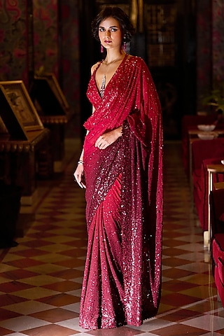 Red Ombre Georgette Pearl & Bead Work Saree Set  by Seema Gujral