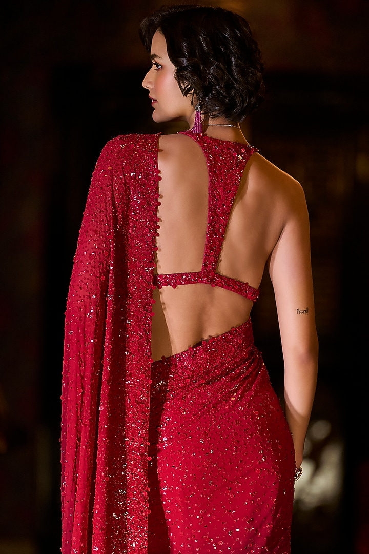 Red Ombre Georgette Pearl & Bead Work Reception Saree Set  by Seema Gujral at Pernia's Pop Up Shop