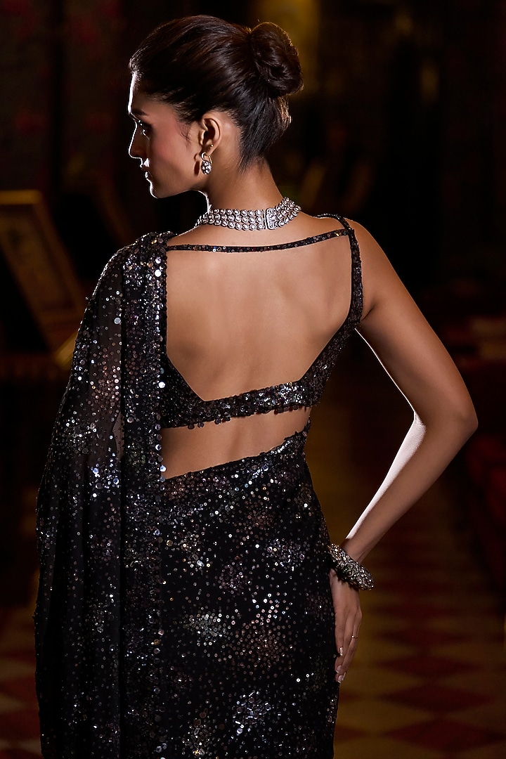 Black Georgette Metallic Sequins Work Reception Saree Set by Seema Gujral at Pernia's Pop Up Shop