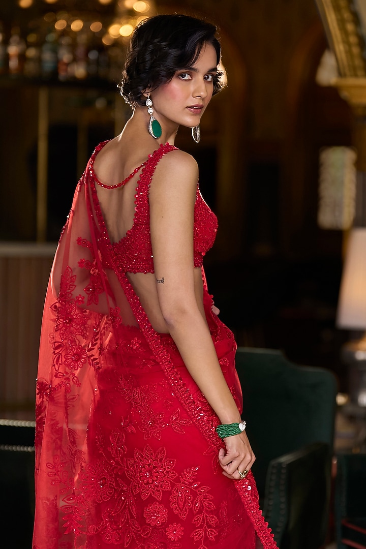 Red Net Thread & Sequins Work Bridal Saree Set by Seema Gujral at Pernia's Pop Up Shop