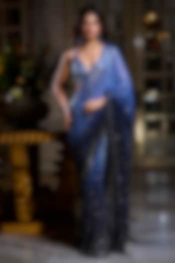 Blue Ombre Georgette Pearl & Beads Work Reception Saree Set by Seema Gujral at Pernia's Pop Up Shop