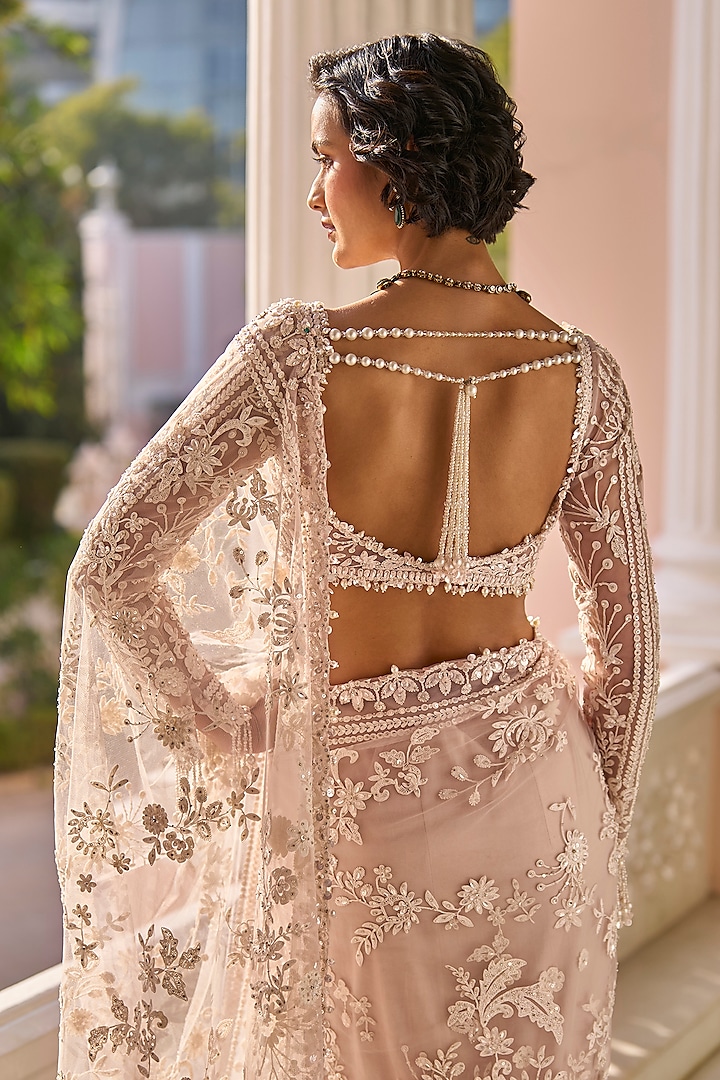 Mauve Net Thread & Sequins Work Bridal Saree Set by Seema Gujral at Pernia's Pop Up Shop