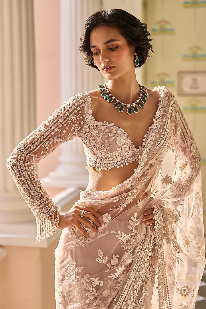 Mauve Net Thread & Sequins Work Bridal Saree Set by Seema Gujral at Pernia's Pop Up Shop