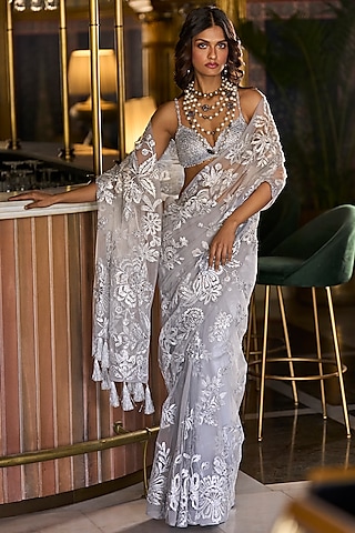 Metallic Silver Net Embroidered Saree Set by Seema Gujral