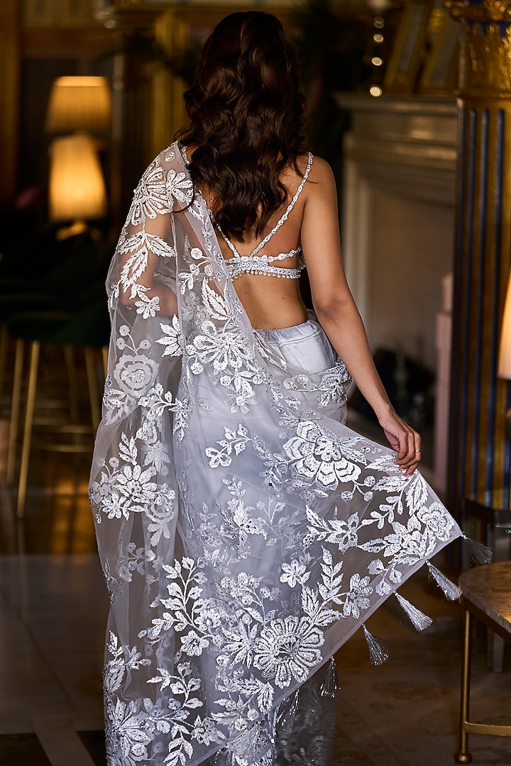 Metallic Silver Net Embroidered Reception Saree Set by Seema Gujral at Pernia's Pop Up Shop