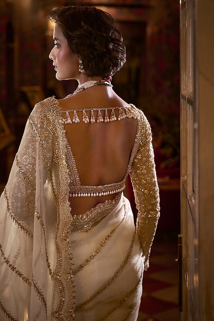 Ivory Organza Gota Patti Embroidered Reception Saree Set by Seema Gujral at Pernia's Pop Up Shop