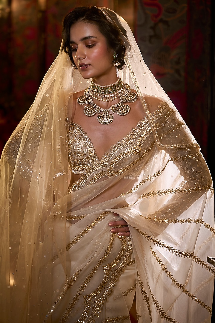 Ivory Organza Gota Patti Embroidered Reception Saree Set by Seema Gujral at Pernia's Pop Up Shop