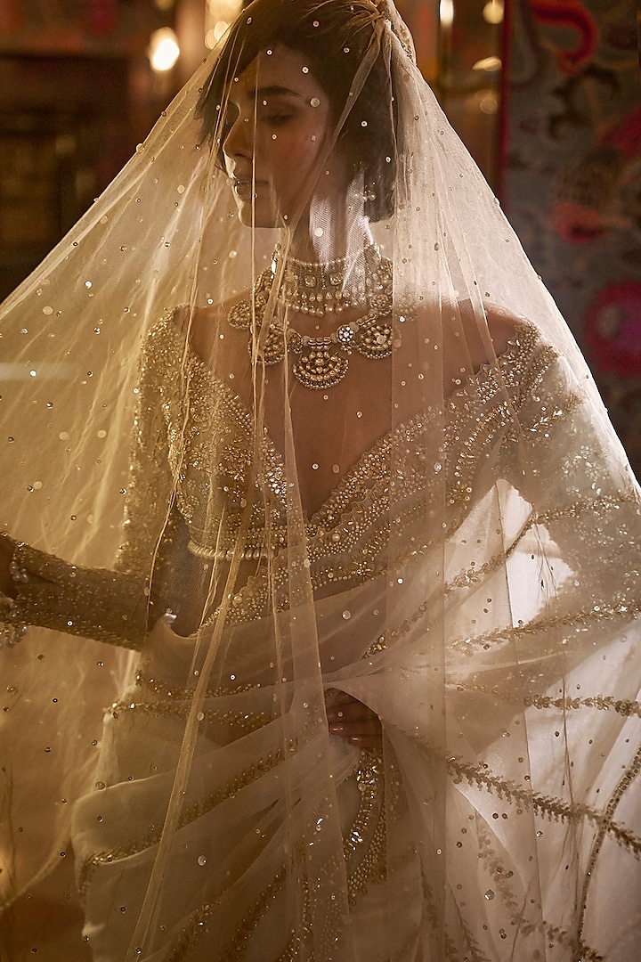 Ivory Organza Gota Patti Embroidered Reception Saree Set by Seema Gujral at Pernia's Pop Up Shop