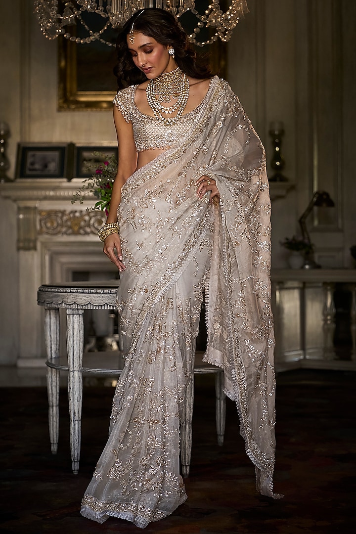 Ivory Gold Net Pearl Embroidered Saree Set by Seema Gujral at Pernia's Pop Up Shop