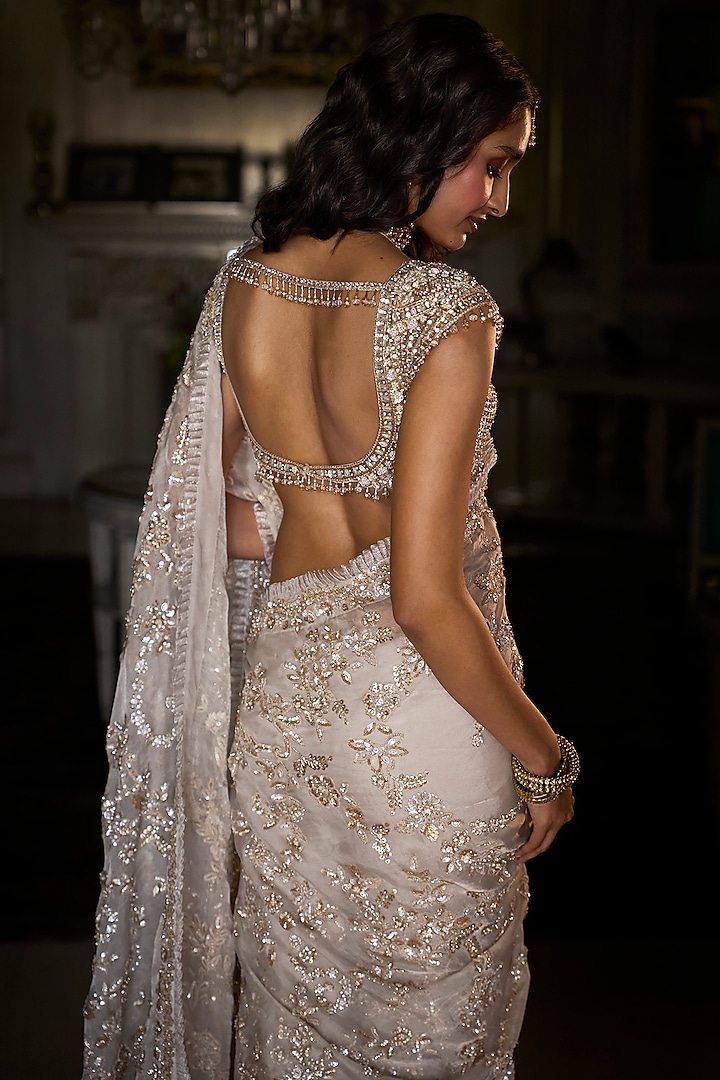 Ivory Gold Net Pearl Embroidered Bridal Saree Set by Seema Gujral at Pernia's Pop Up Shop