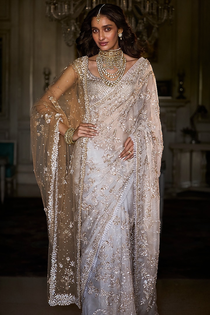 Ivory Gold Net Pearl Embroidered Bridal Saree Set by Seema Gujral at Pernia's Pop Up Shop