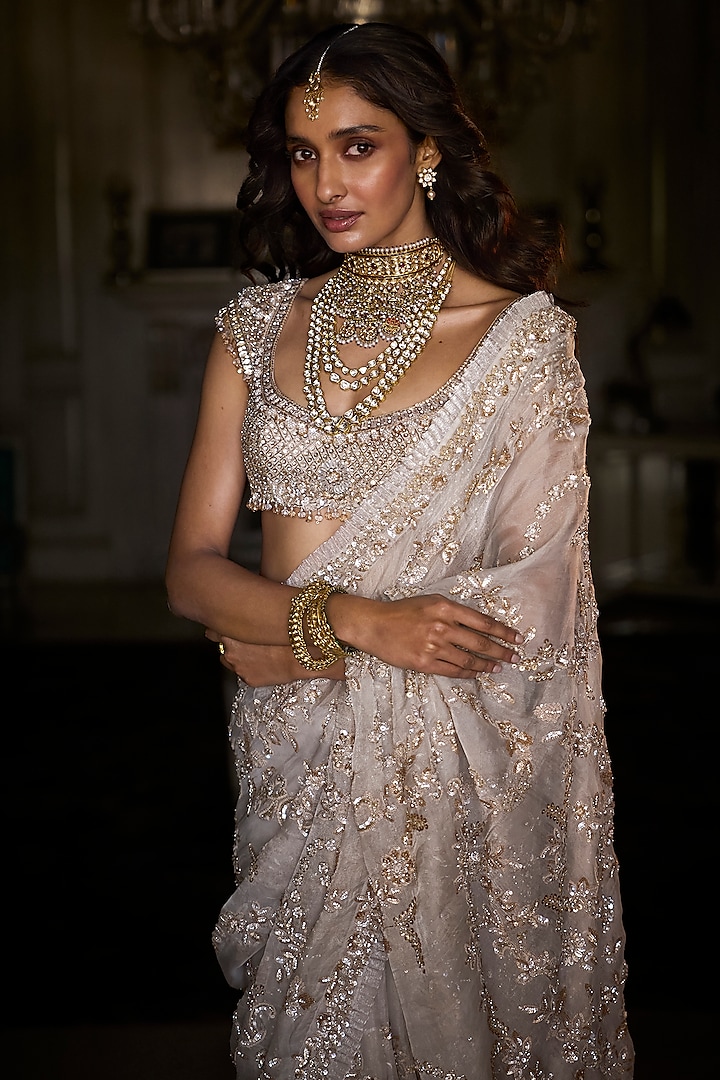 Ivory Gold Net Pearl Embroidered Bridal Saree Set by Seema Gujral at Pernia's Pop Up Shop