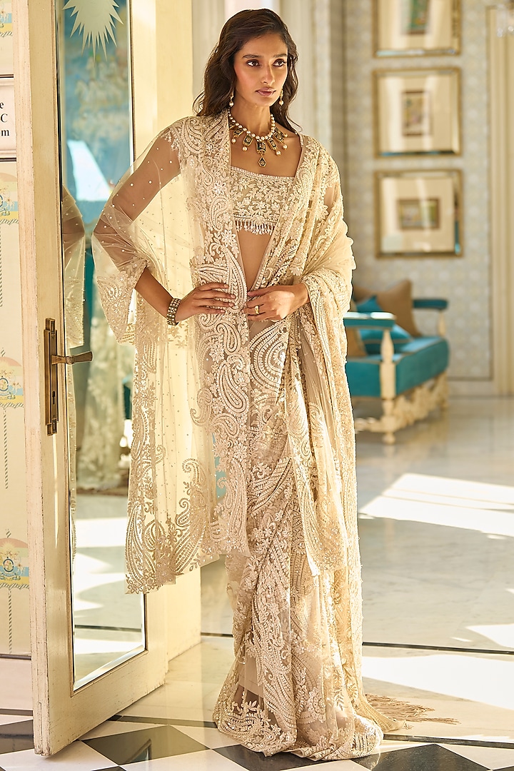 Nude Net Tonal Thread Embroidered Saree Set by Seema Gujral at Pernia's Pop Up Shop