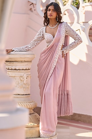 Pink Georgette Draped Saree Set by Seema Gujral