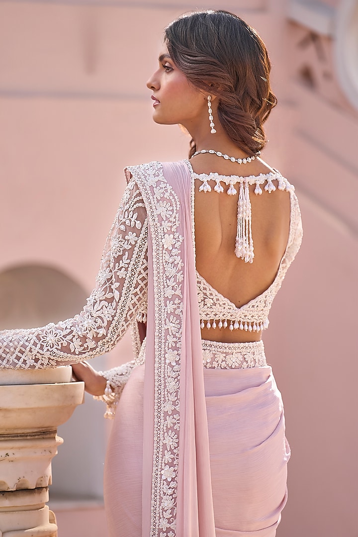 Pink Georgette Draped Reception Saree Set by Seema Gujral at Pernia's Pop Up Shop