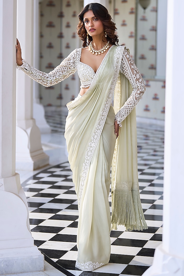 Mint Green Georgette Draped Saree Set by Seema Gujral at Pernia's Pop Up Shop