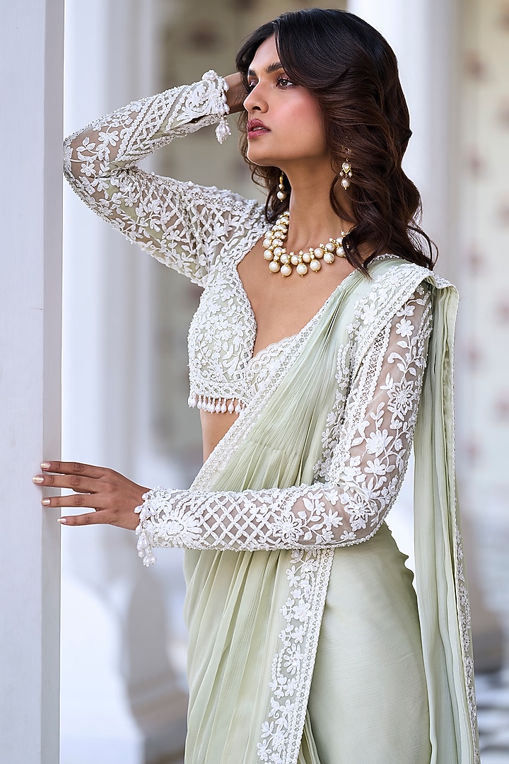Mint Green Georgette Draped Reception Saree Set by Seema Gujral at Pernia's Pop Up Shop
