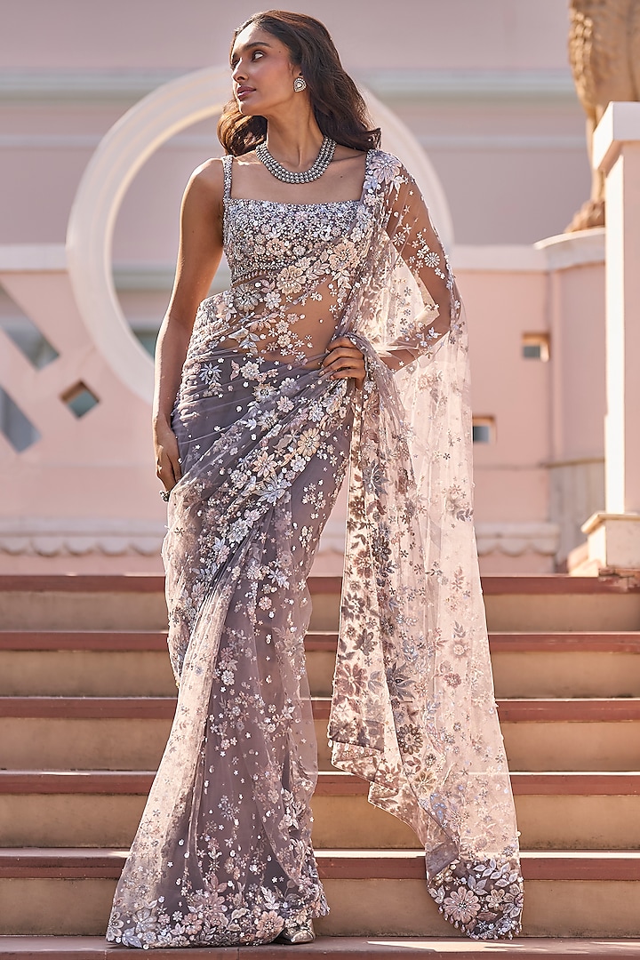 Grey Net Sequins Embroidered Saree Set by Seema Gujral at Pernia's Pop Up Shop