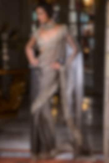 Grey Tissue Organza Sequins Work Saree Set by Seema Gujral at Pernia's Pop Up Shop