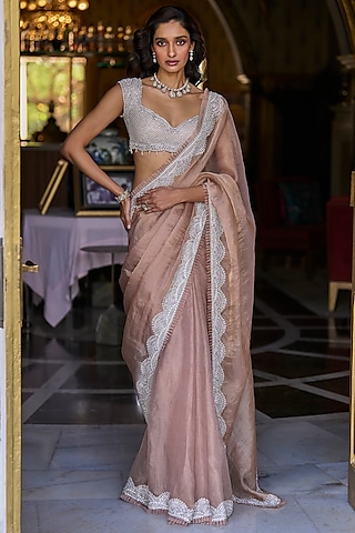 Copper Tissue Organza Sequins Work Saree Set by Seema Gujral
