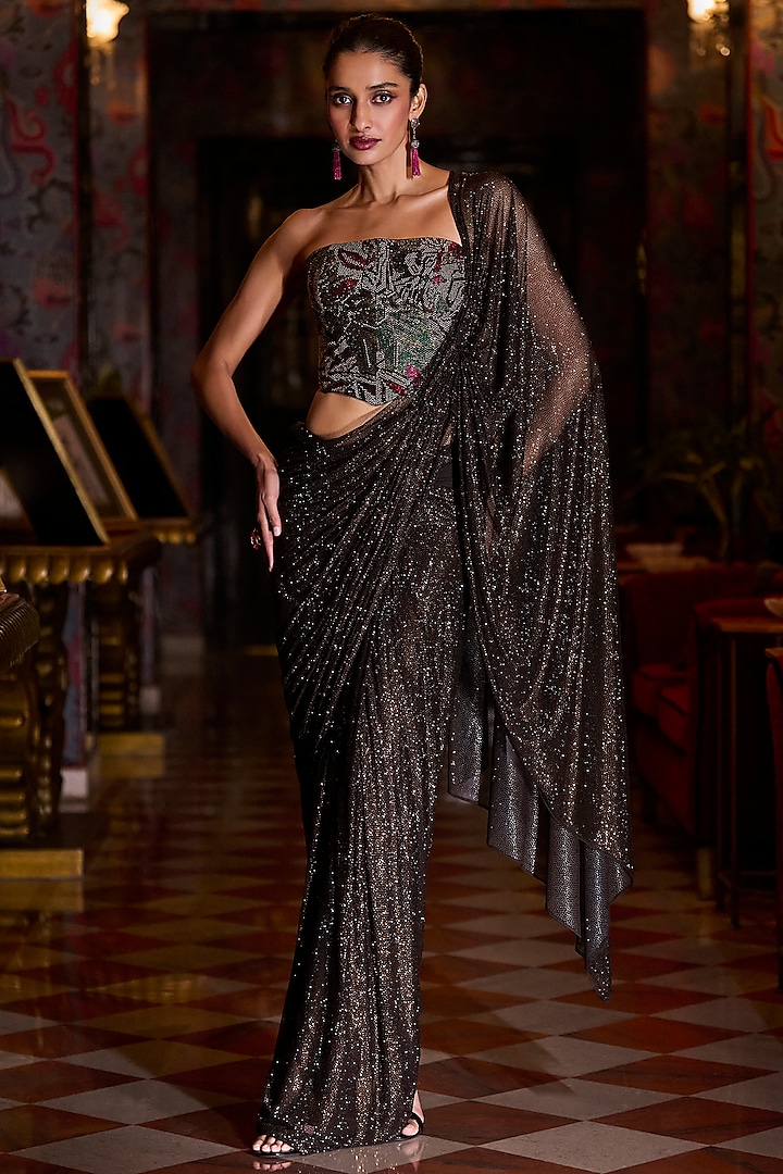 Coffee-Colored Soft Net Pre-Draped Saree Set by Seema Gujral at Pernia's Pop Up Shop