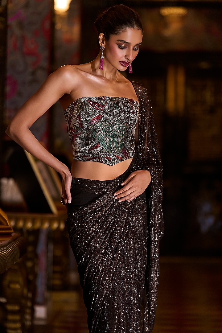 Coffee-Colored Soft Net Pre-Draped Bridal Saree Set by Seema Gujral at Pernia's Pop Up Shop