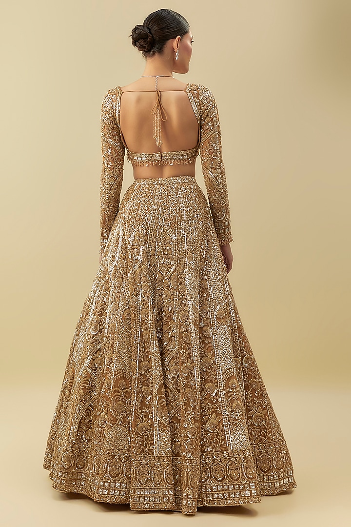 Antique Gold Net Sequins Embroidered Bridal Lehenga Set by Seema Gujral at Pernia's Pop Up Shop