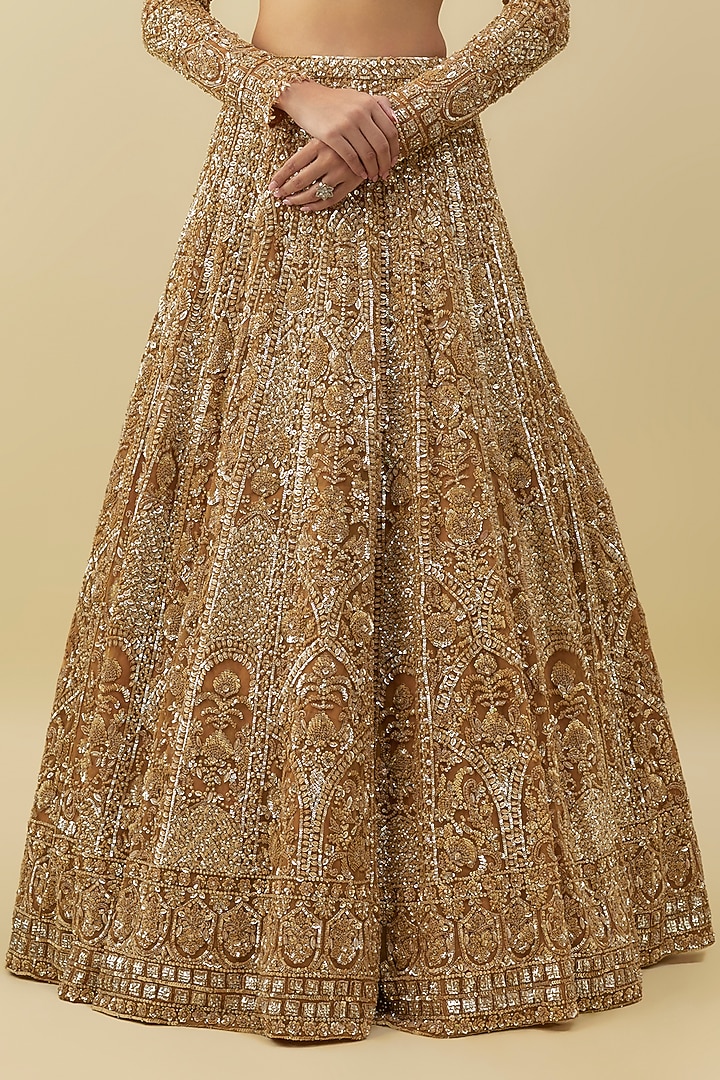 Antique Gold Net Sequins Embroidered Bridal Lehenga Set by Seema Gujral at Pernia's Pop Up Shop