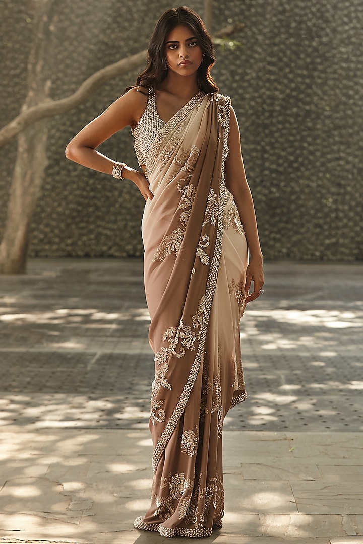 Brown & White Ombre Embroidered Saree Set by Seema Gujral