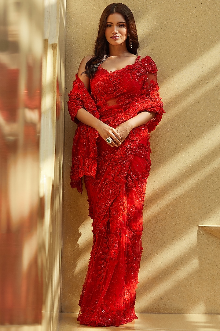 Red Embroidered Saree Set Design by Seema Gujral at Pernia's Pop Up
