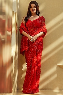 Red Embroidered Saree Set by Seema Gujral-POPULAR PRODUCTS AT STORE