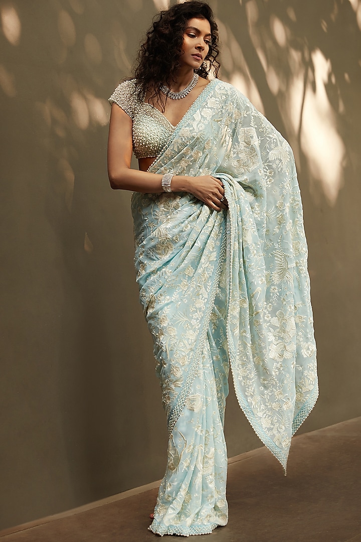 Powder Blue Embroidered Saree Set by Seema Gujral